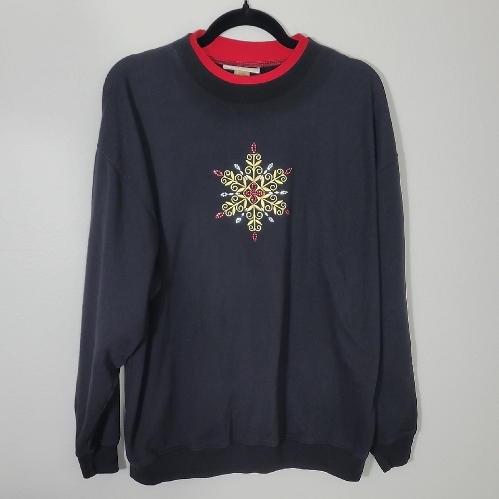 Vintage Women Christmas Sweatshirt Size XL Embroidered Snowflake